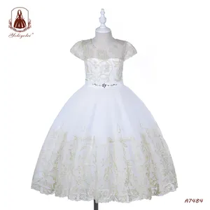 Toptan moda dantel kısa kollu rop çocuk giyim parti giyim beyaz uzun el yapımı işlemeli dantel kız elbise