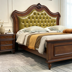 New Arrival Floral Carved Top Tufted Green Leather Upholstered Solid Wood Bed with 3 Drawer Nightstand - Product Image 5