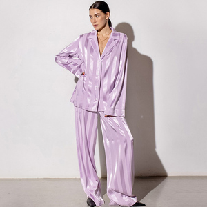 Pyjama d'été uni à rayures, manches longues, pantalon en soie tendance, ensemble deux pièces pour femme, tenue d'intérieur - Product Image 2