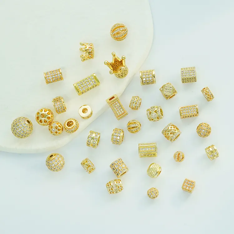 Baru Eropa Cubic Zirconia Charm 18K Emas Disepuh Jewelrydrilled Cz Mikro Pave Longgar Kuningan Beads untuk Membuat Perhiasan Gelang