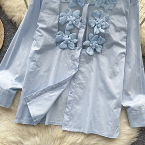 Chemise française pour femmes, fleurs industrielles lourdes, avec col, haut à simple boutonnage, chemisiers élégants pour femmes - Product Image 6