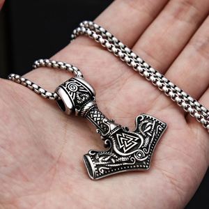 Vintage Viking Thor's Hammer Odin Triangle Rune <b>Titanium</b> Steel Pendant Necklace Punk Hip Hop Nordic Valknut Stainless Silver - Product Image 4