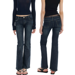 กางเกงยีนส์ทรงบูทคัทสีน้ำเงินเทาเอวต่ำผ้ายีนส์ยืดหยุ่นสูงทรงสลิมขาบานสไตล์ Y2K สำหรับผู้หญิง รับผลิตตามสั่งพร้อมปักโลโก้ - Product Image 1