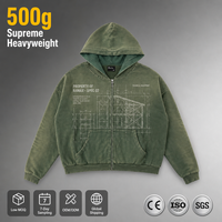 Sweat à capuche zippé RAMAX Heavyweight vert imprimé Blueprint, délavé à l'acide, style vintage grunge Y2K, streetwear homme, coupe ample, personnalisable en gros