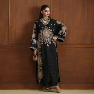 Salwar Kameez en modal et mousseline brodée noire pour femme, longueur cheville, coupe classique, robe de mariage traditionnelle style Inde Pakistan - Product Image 1