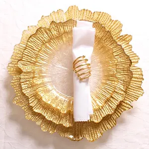 Factory Cheap Wholesale Bulk Flora Ruffled Glass Charger Plates Elegant Gold Reef Wedding Glass Charger Dish Dinner Plate
