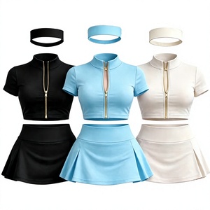 Conjunto Deportivo de 3 Piezas para Mujer, Ajustado, Transpirable, Cuello Alto, Color Sólido, Chaqueta de Yoga con Cierre Dorado, Minifalda, Spandex/Nailon - Product Image 2