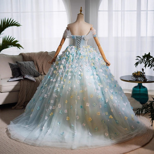 Blue Floral Strapless Ball Gown Chiffon Empire Waistline Evening Dress For Women - Product Image 5