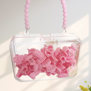 Transparent Pink Jewelry Organizer With Beaded Handle Portable Storage Box For <b>Kids</b> Accessories Desktop Organizer Plastic - Product Image 1