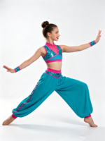 Tenue de danse à paillettes pour filles/femmes, ensemble deux pièces, haut court sans manches, pantalon harem, costume de gymnastique pour compétition sur scène