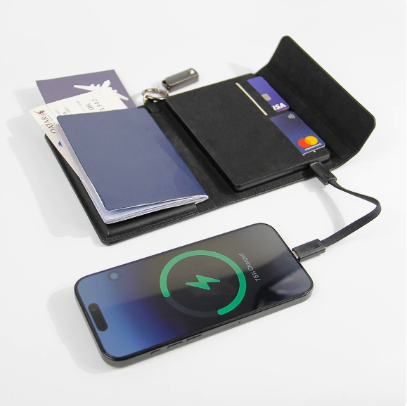 RFID Blocking Passport Holder with Built-In Power Bank Travel Wallet Organizer with Charging Cable with Location Tracking