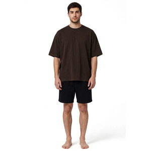 T-shirt en coton marron chocolat pour homme, manches courtes, col rond, décontracté, couleur unie, jersey tricoté, coupe ample, respirant - Product Image 1
