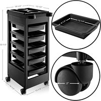 Chariot de coiffure moderne en plastique noir à 5 niveaux et 4 roues, avec vérin pneumatique, support pour bol de teinture et fonctions d'organisation, pour usage en salon