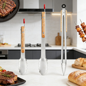 Stainless Steel Food Tongs With Wooden Handle Heat Resistant For <b>BBQ</b> And Kitchen Use - Product Image 4