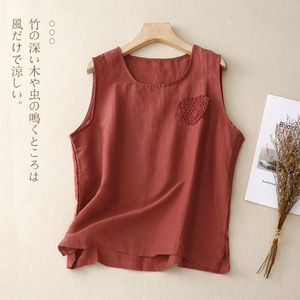 Women's Thin Tank Top Loose Fit Round Neck Cotton Linen Sleeveless Top Summer Style Artistic Retro Design - Product Image 1