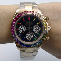 Montre à mouvement VK63, montre calendrier argentée et blanche en acier inoxydable, six aiguilles, chronographe segmenté, lunette sertie de diamants arc-en-ciel