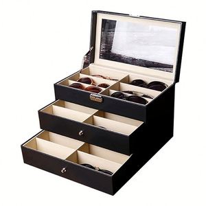 Caja Organizadora de Gafas de Cuero PU de Tres Capas con 18 Compartimentos para Exhibición de Lentes de Sol y Gafas - Product Image 1
