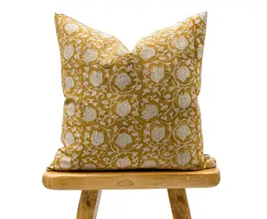 Designer Floral Yellow Mustard On Natural Linen Pillow Cover Linen 50x50 Boho Decorative Farmhouse Cushion Covers