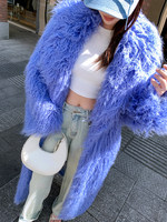 Manteau de luxe en vraie fourrure de mouton tibétain bleu périvinkle pour femme, longue veste en fourrure de mouton de Mongolie bouclée, véritable pardessus en fourrure de mouton brun