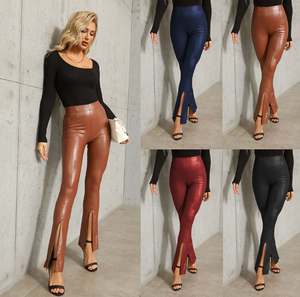 2023 Sexy PU Leather Pants Classic High Waist Stretch Flared Pants Women's <strong>Split</strong> <strong>Trousers</strong> Plus Size - Product Image 2