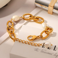 Pulsera de Cadena Gruesa de Acero Inoxidable con Baño de Oro de 18K y Perlas de Agua Dulce, Joyería de Lujo para Mujer