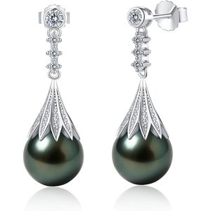 Orecchini Pendenti con Perle Nere di Tahiti Rikitea 9-11mm, Perle Naturali AAAA, Argento Sterling, Moissanite, Gioielli da Matrimonio - Product Image 1