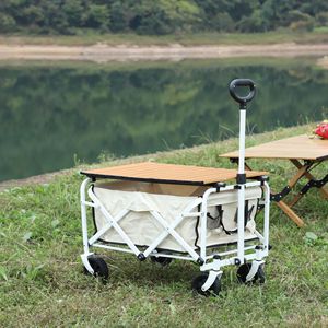 Portable Foldable <b>Camping</b> Cart With Wooden <b>Table</b> Top Four-Wheel Outdoor <b>Storage</b> Trolley For Picnic And Travel - Product Image 1