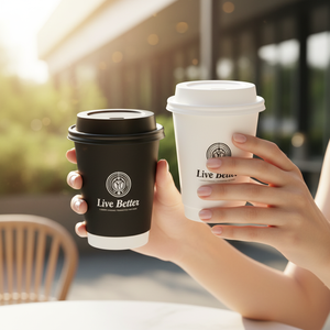 Gobelet à café en papier noir double couche biodégradable avec impression personnalisée du logo, avec couvercles en plastique - Product Image 1