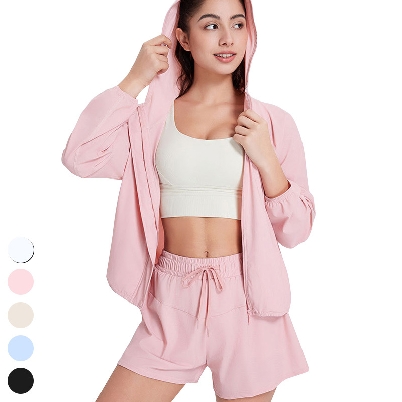 Quick Dry Sun Protection Cool Feel Running Fitness Set Long Sleeve Jacket Sports Shorts 2 Piece Suits Gym Fitness Yoga Set Women