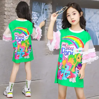 Customized Print Kids Clothing Girls Rainbow Unicorn Layers Ruffle Tulle Short Sleeve T-shirt Dresses For Kids Girls