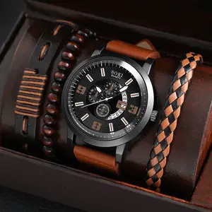 SOKI New Men's Business Alloy 4 pcs Jewelry Set Casual Leather Strap Number Date Quartz Wristwatch Fashion Watches