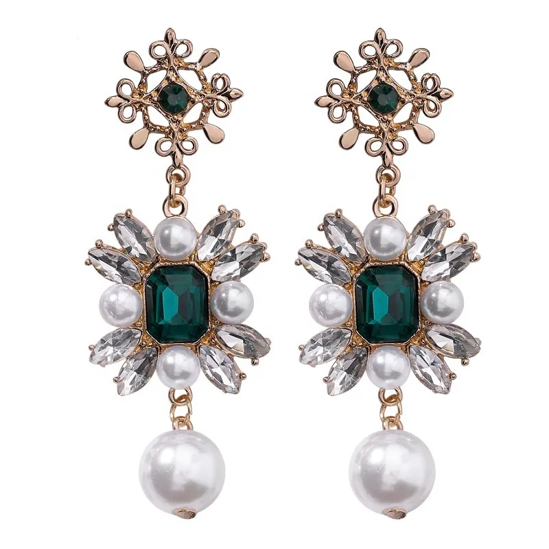 Jachon Luxe Emerald Oorbellen Graceful Pearl Dangle Sieraden Barokke Vrouwen Verklaring Oorbellen