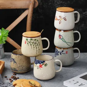 Cangkir keramik gaya Retro Jepang, unik 350ml Mug kopi antik dengan sendok dan tutup bambu hadiah kreatif untuk teman