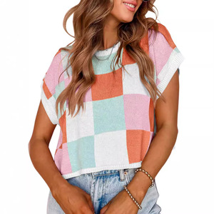 Suéter a cuadros de punto con cuello redondo de manga corta recortado informal de verano para mujer - Product Image 2