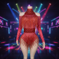 Justaucorps de scène sexy pour femme adulte, orné de strass et de franges, en spandex et polyester à manches longues