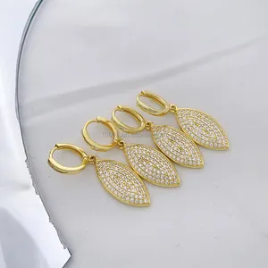 Leaf Shape Shiny Cubic Zircon 18K Gold Plated Brass Hoop Earrings Women