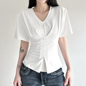 Camiseta de Punto Ecológica para Mujer, Cuello en V, Manga Corta, Color Sólido, Estilo Casual de Verano, Nueva Llegada 2026 - Product Image 5