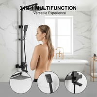 Ensemble de douche moderne en acier inoxydable poli, système de douche triangulaire à effet pluie et jets avec douchette à main, noir et chrome
