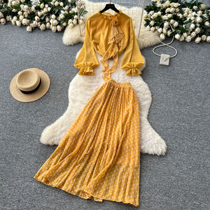 Traje de Dos Piezas para Mujer, <span class=keywords><strong>Blusa</strong></span> de Gasa <span class=keywords><strong>con</strong></span> Estampado Floral 3D de Manga <span class=keywords><strong>Larga</strong></span> + Conjunto de <span class=keywords><strong>Falda</strong></span> de Lunares de Cintura Alta - Elegante Vestido de Dos Piezas para Mujer - Product Image 6