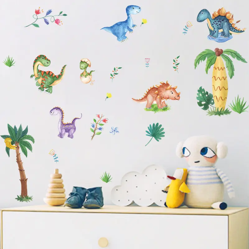 Cartoon Dinosaur Sticker For Room Wall Colorful Small Flowers Coconut Tree Wallpaper For Kid's Bedroom Removable Wall Decal
