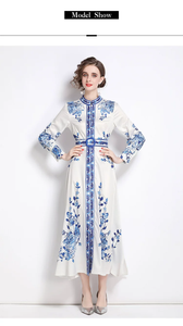 Robe longue <span class=keywords><strong>bohème</strong></span> <span class=keywords><strong>chic</strong></span> pour <span class=keywords><strong>femme</strong></span>, imprimé floral, col montant, manches lanternes longues, fendue, ceinturée, pour soirée, printemps-automne - Product Image 6