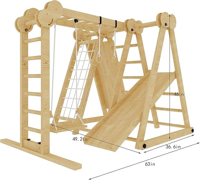 Wellshow 7-in-1 Wooden Montessori Climbing Toys for Kids 2-6 with Slide, Climbing Wall, Ladder, Net, Bars, Swing, Ring