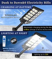 Lampadaires solaires LED tout-en-un 520000LM 6500K IP67 Étanche Détecteur de mouvement Télécommande Crépuscule Aube