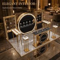 Ensemble de présentoirs de parfums haut de gamme, panneau noir mat, finition dorée, éclairage LED annulaire, solution de présentation de parfums pour la vente au détail
