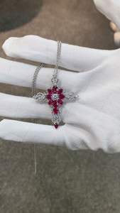 Collar con Colgante de Cruz de Moda, Perla de Imitación, Rubí Cultivado en Laboratorio, Cadena de Eslabones, Estilo Romántico para Fiesta, Certificado de Tasación de Terceros - Product Image 4