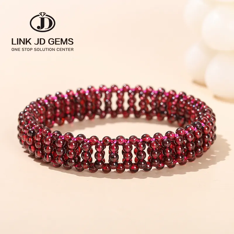 JD Wholesale Handmade Garnet Round Smooth Bead Woven String Bracelet Healing Natural Stone Dark Garnet Bracelet