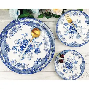 Indian Thai Mandala Exotic Hotel Restaurant Blue Tableware Rose Plate Ceramic Plate Bone China Classic porcelain plates