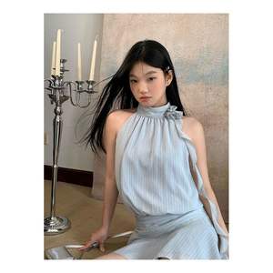 Robe d'été asymétrique pour femme, col licou, taille haute, coupe trapèze, respirante, en polyester/coton, style vintage, pour soirée ou décontractée - Product Image 3