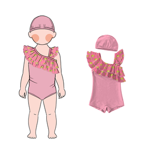 Summer New Girls One-Piece Swimwear Floral Beach DesignBabies Bikini Girls One Shoulder Ruffle <strong>Swimsuit</strong> with Cap - Product Image 3