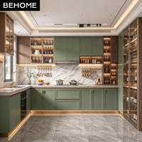 Meubles de cuisine modulaires en bois grainé sur mesure en forme de L avec vitrine LED pour projets de cuisines de villas, hôtels et appartements